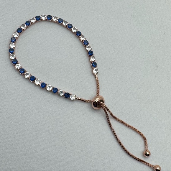 Rose Gold Tone Plated Blue & Clear Crystal Slider Bracelet Adjustable - Picture 3 of 6